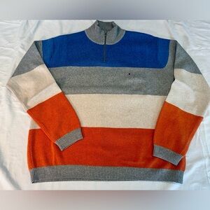 Tommy Hilfiger Men's Striped Zip Neck Sweater - Blue, Gray, Orange - Y2K